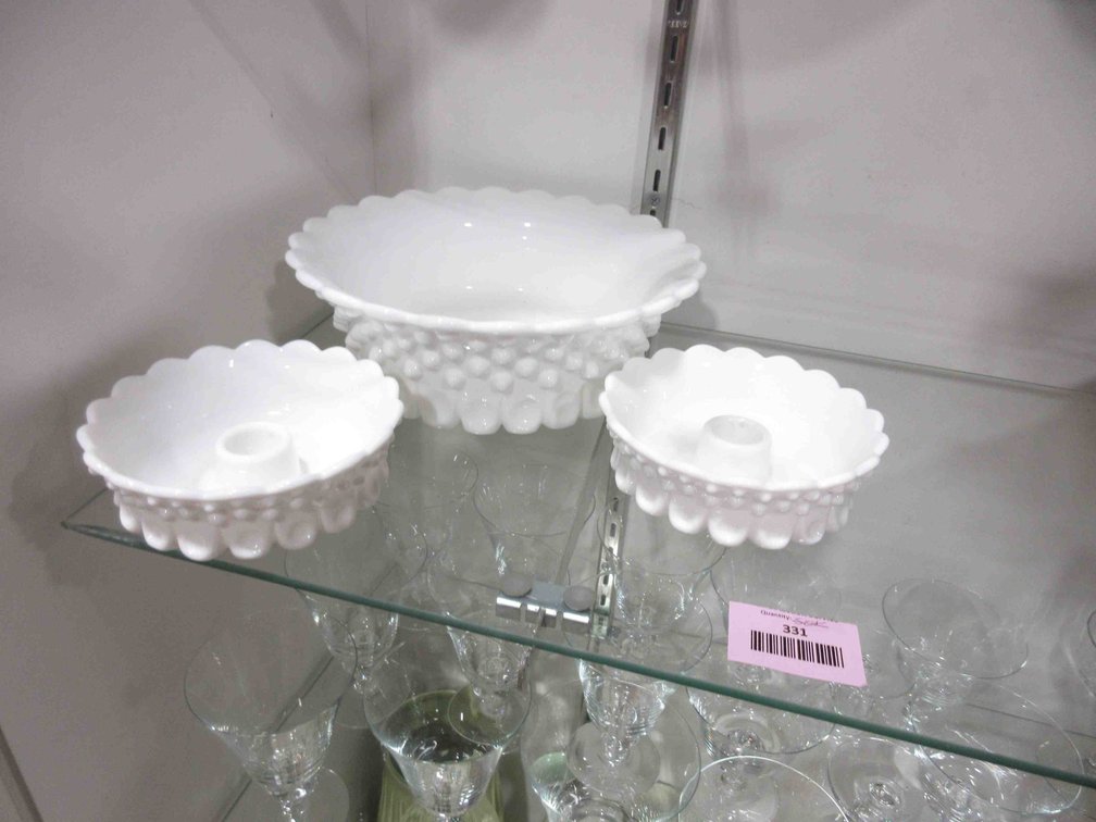 Milk Glass Hobnail Console bowl and candleholder set