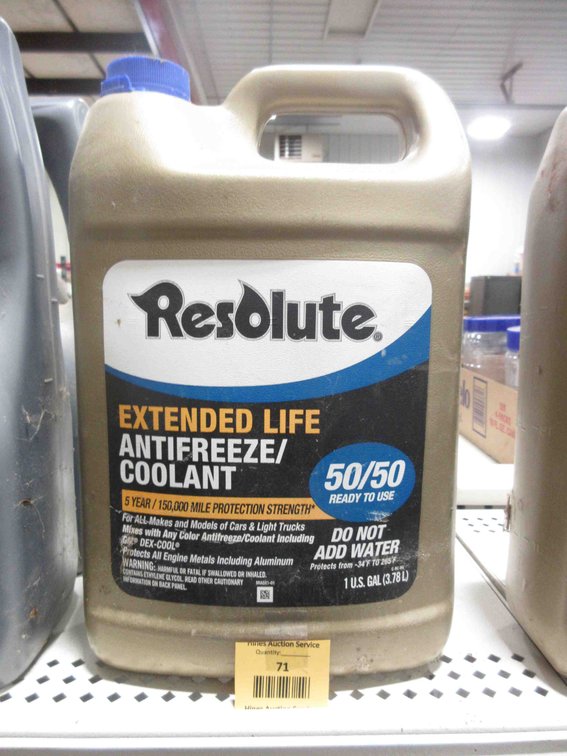 Jug of Resolute 50/50 antifreeze/coolant