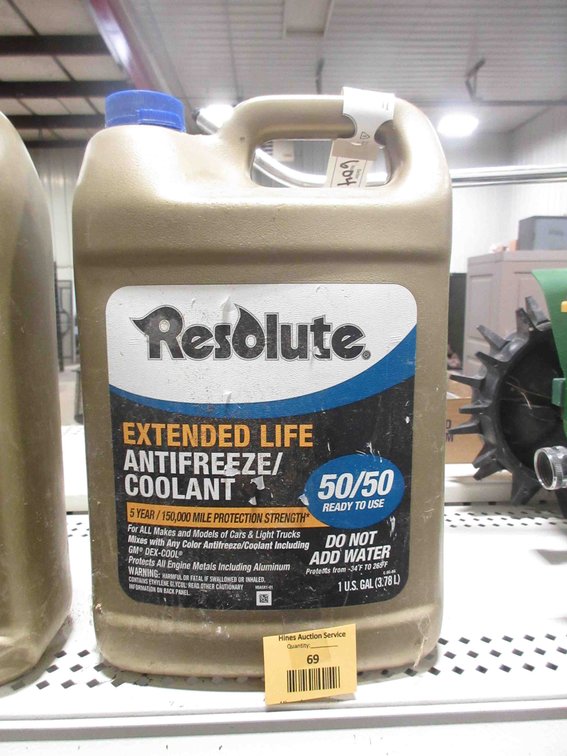 Jug of Resolute 50/50 antifreeze/coolant