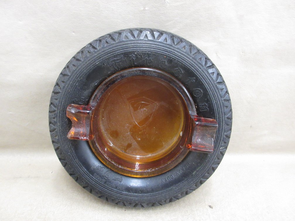 Firestone tire ashtray with amber glass ashtray