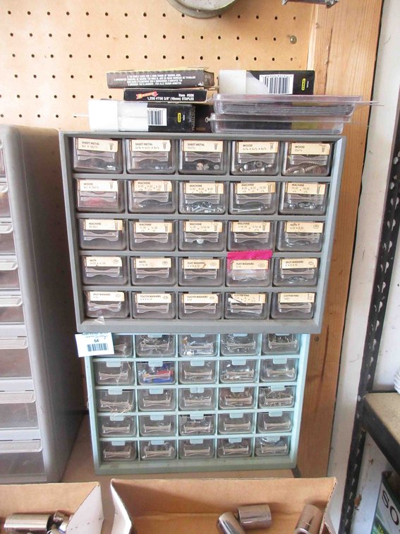(2) Plastic hardware bins with hardware