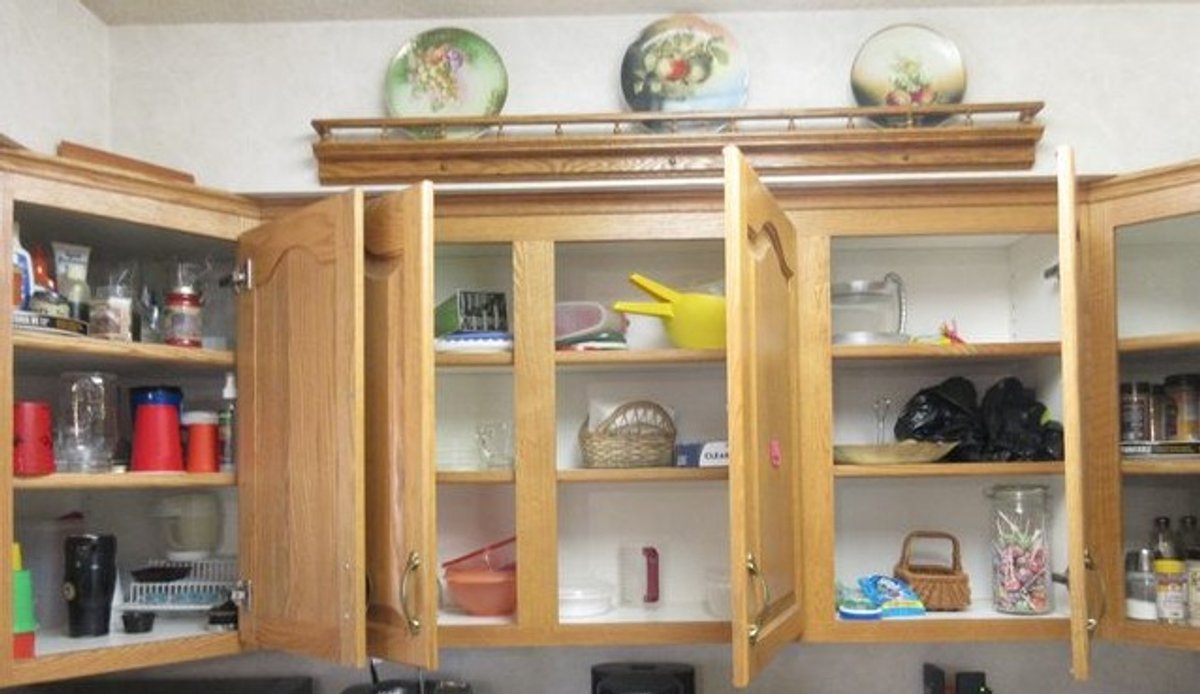 Contents of upper cabinets and shelf