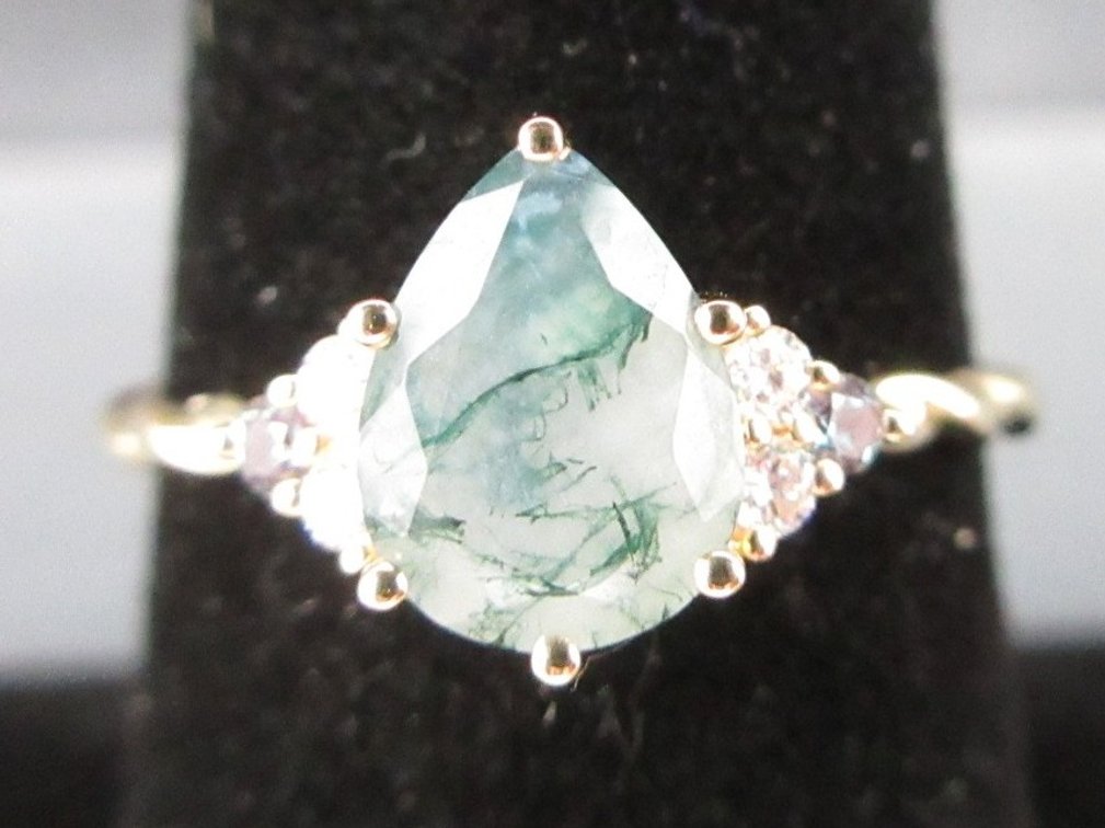 14k Solid gold Moss agate 1.8 ring with side diamond accents