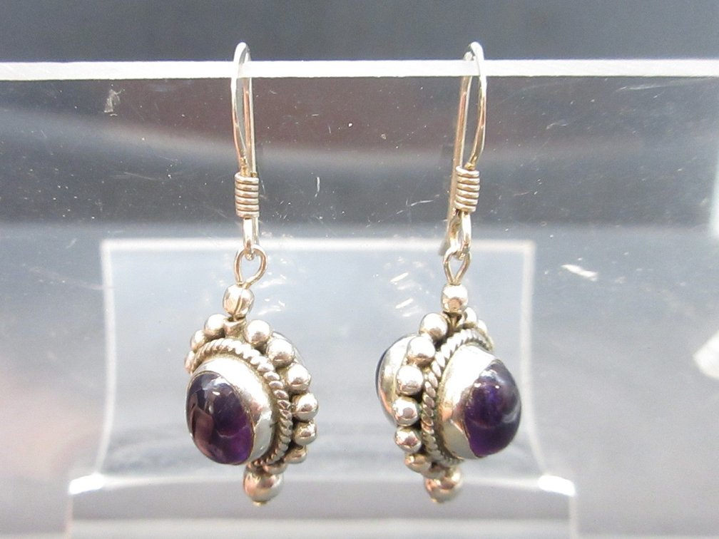 Sterling silver oval purple amethyst cabochon dangle earrings