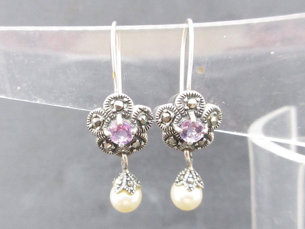 Sterling silver pearl and purple amethyst dangle earrings with marcasite accent