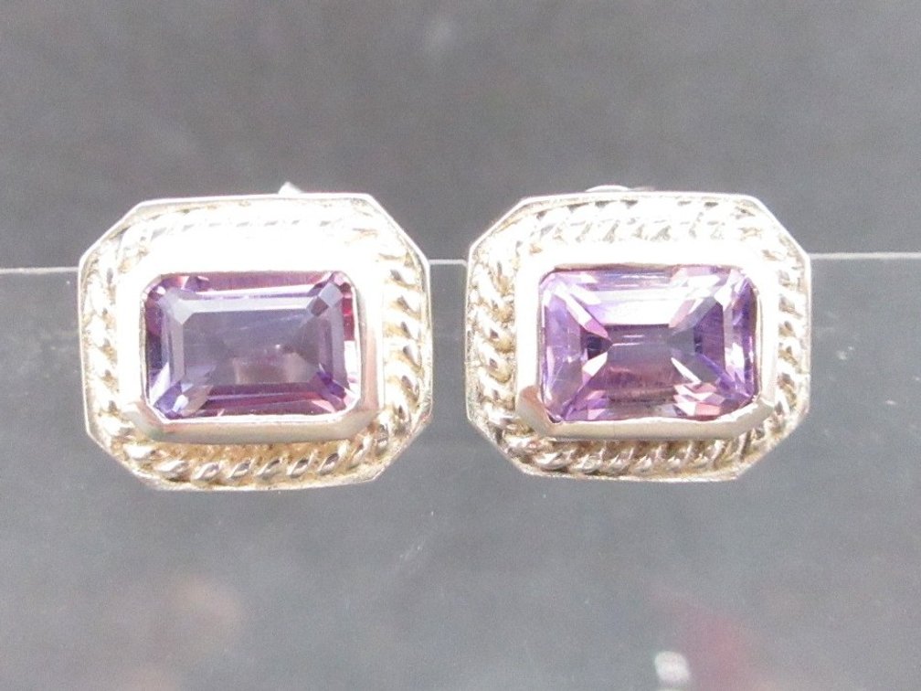 Sterling silver emerald cut purple amethyst stud earrings