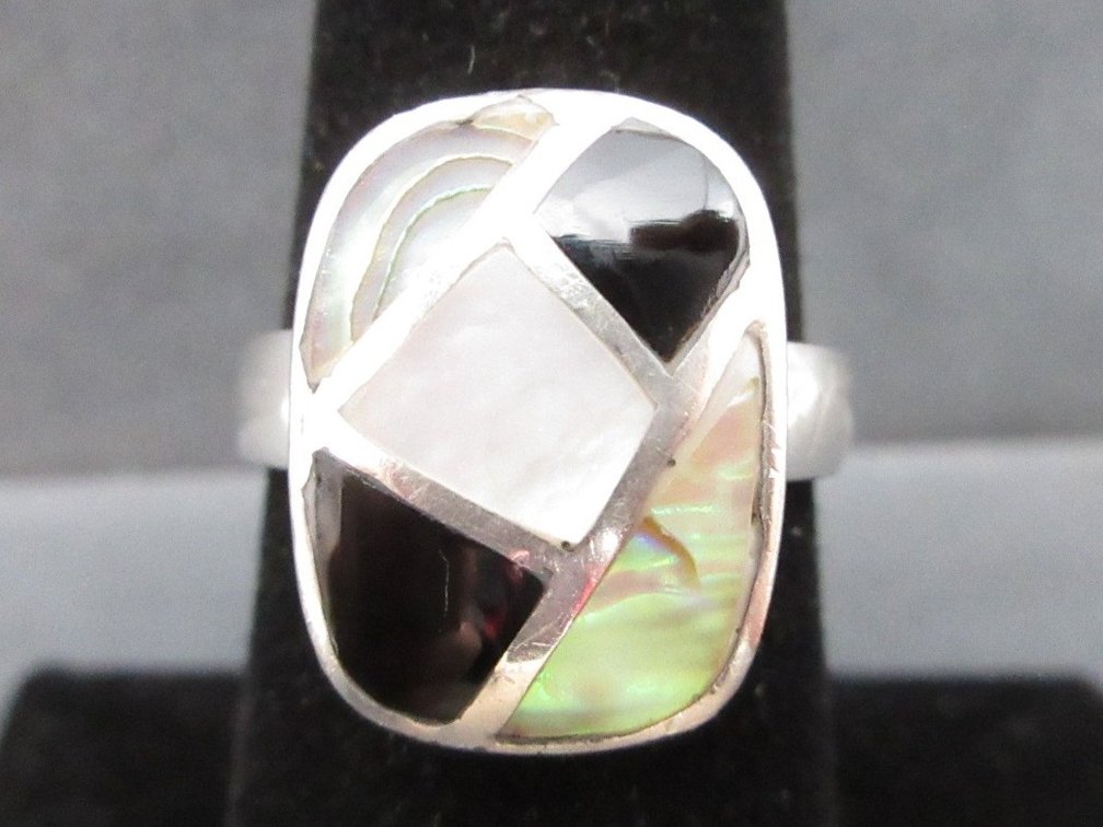 Sterling silver black onyx, mop and abalone inlay ring