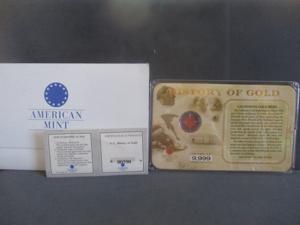 American Mint History of Gold Coin Tribute Collectible with 11 mm .585 gold coin in 6" case