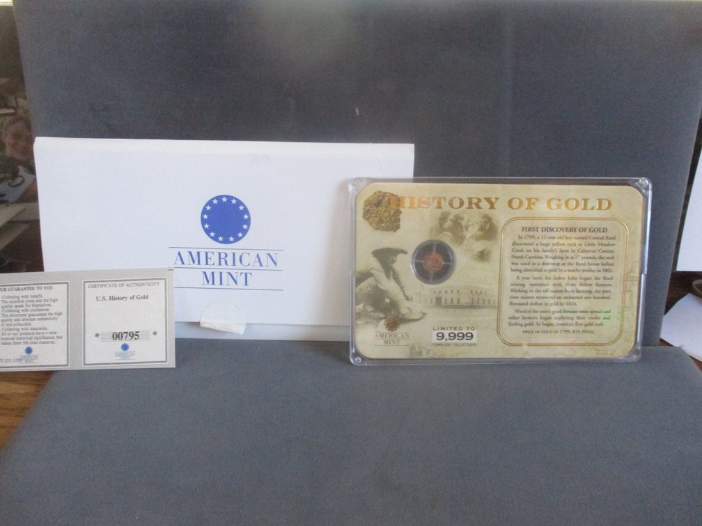 American Mint History of Gold Coin Tribute Collectible with 11 mm .585 gold coin in 6" case