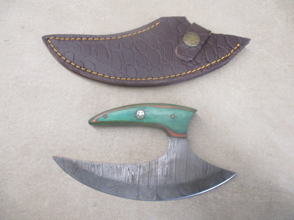 Hand forged Damascus steel Ulu knife with leather sheath