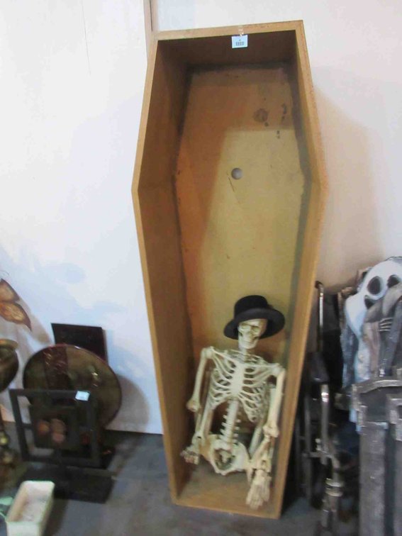 Wood coffin and plastic skeleton