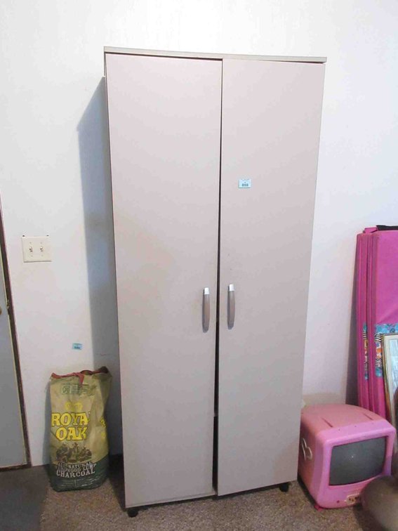 Pressed wood cabinet with contents