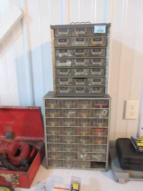 (2) Metal hardware bins with hardware