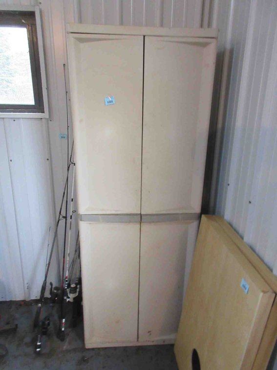 Plastic storage cabinet with contents
