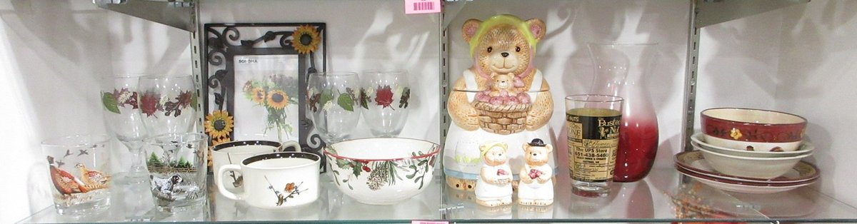 Shelf of assorted porcelain and glass ware