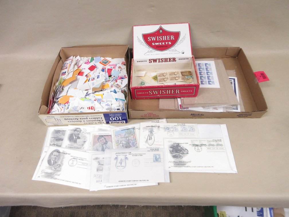 Flat of collected postage stamps