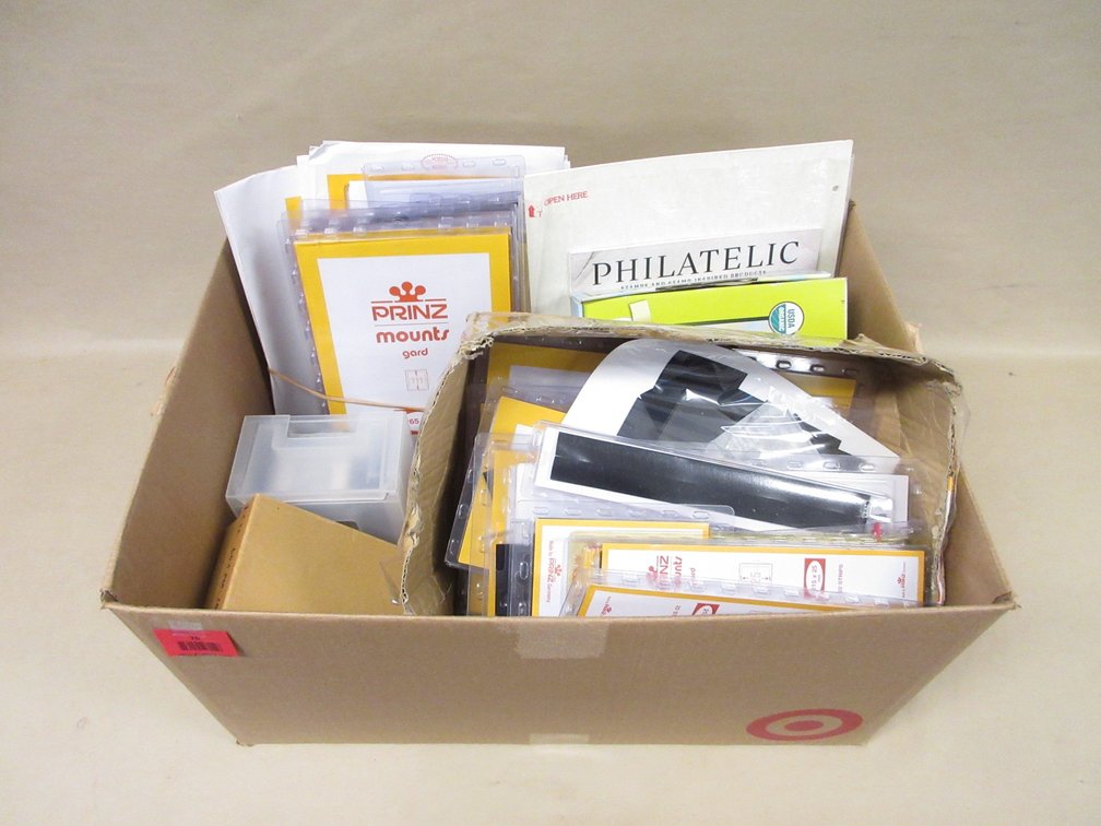 Box of stamp collector items