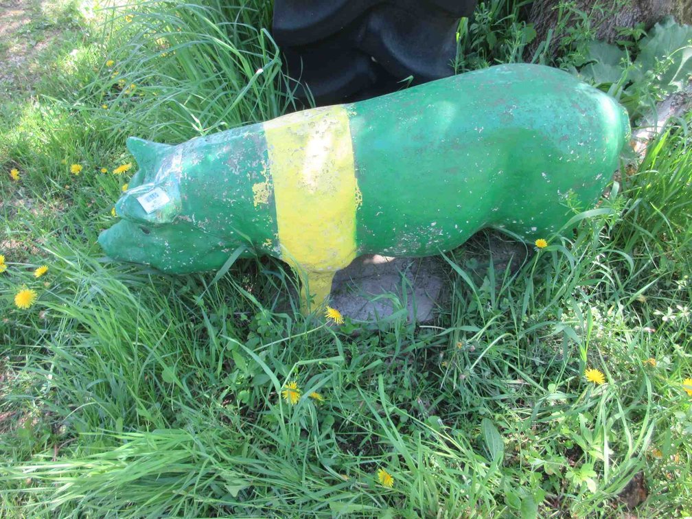 Cement John Deere painted pig statue