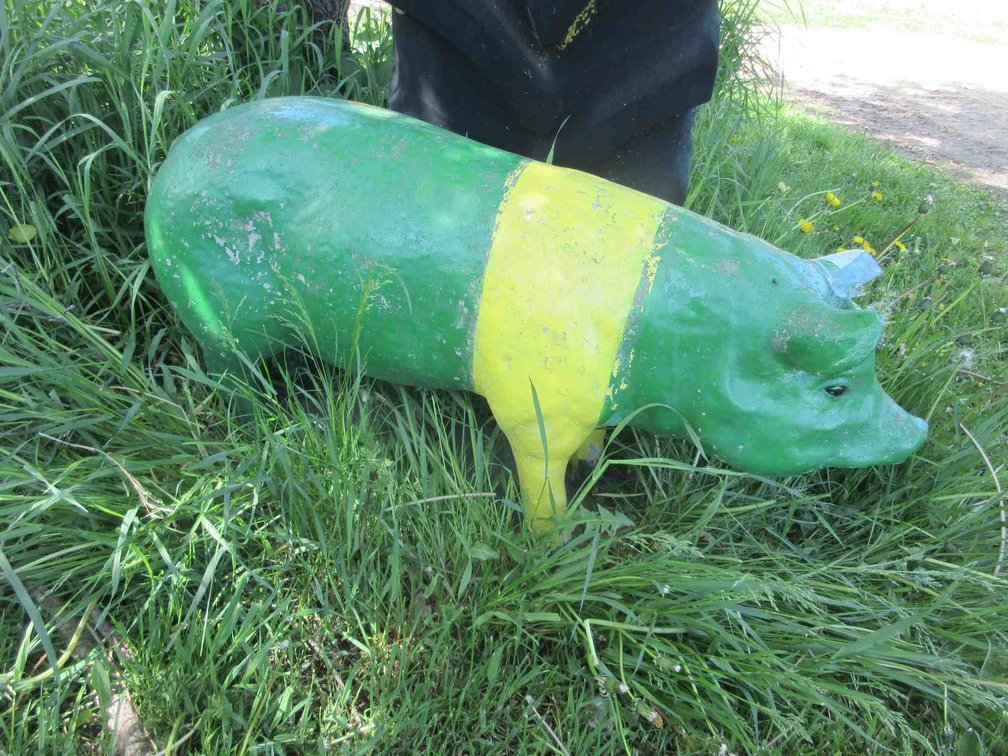 Cement John Deere painted pig statue