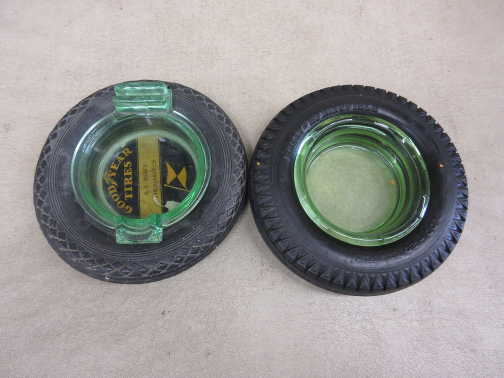 (2) Tire ashtrays with green glass inserts