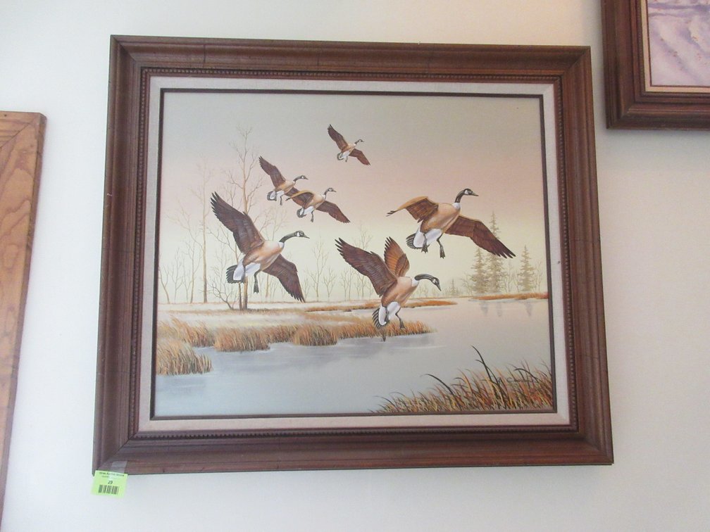 C. Carson signed geese painting on canvas in frame