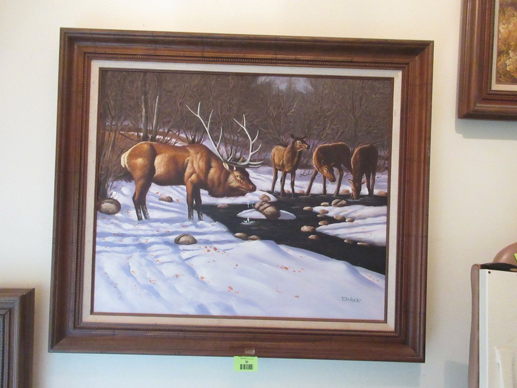 Baker signed elk painting on canvas in frame
