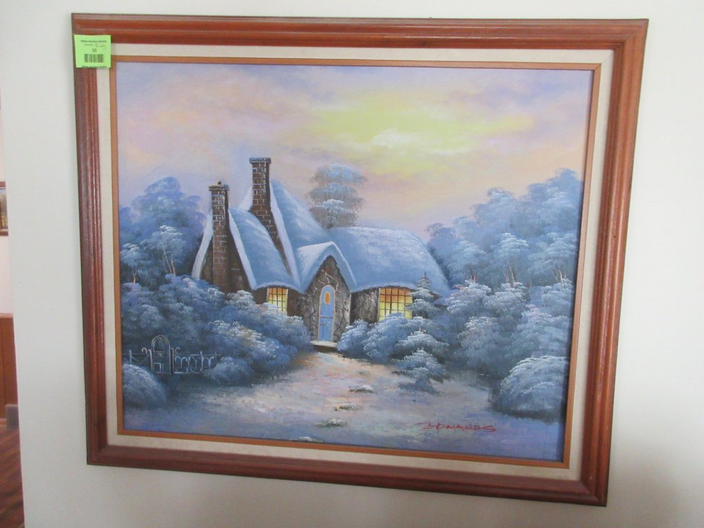 Edwards signed cottage painting on canvas in frame