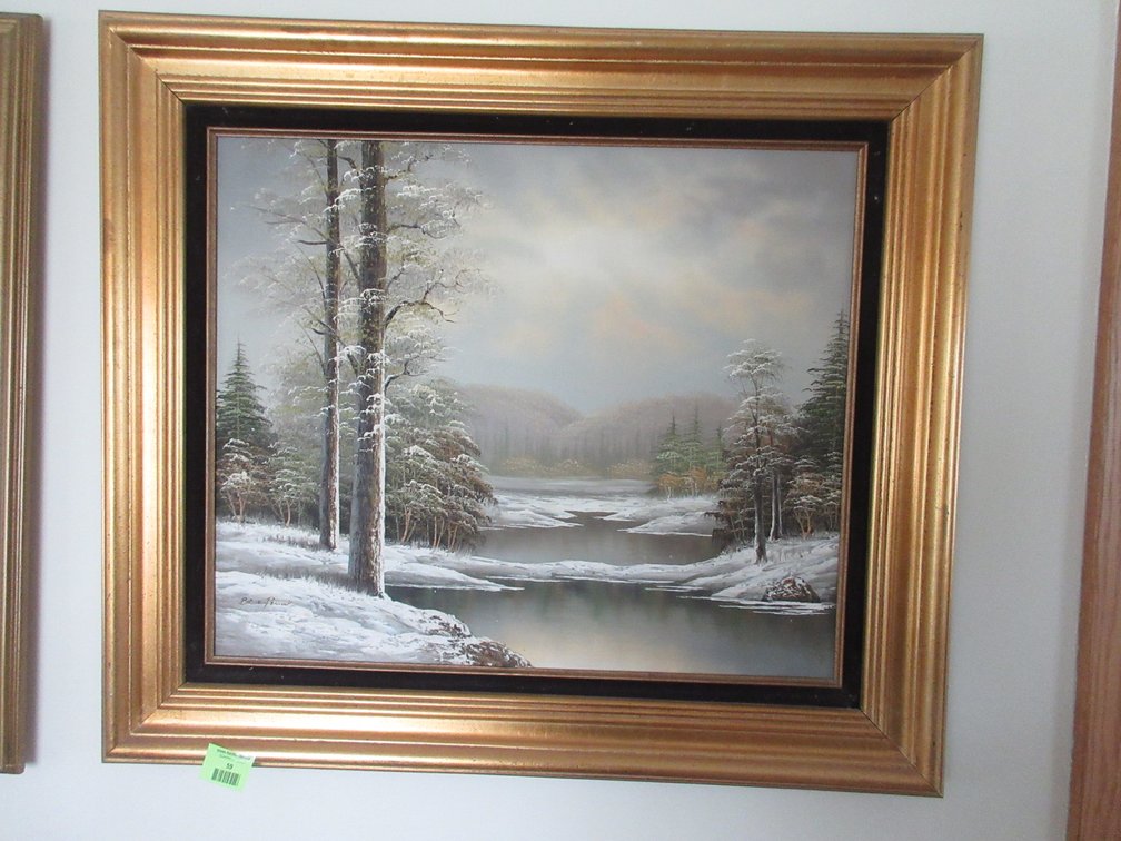 Bruce Pencock signed woodland river scene painting on canvas in frame