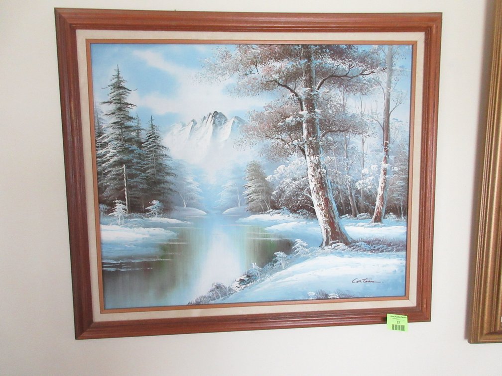 Signed winter mountain scene painting on canvas in frame