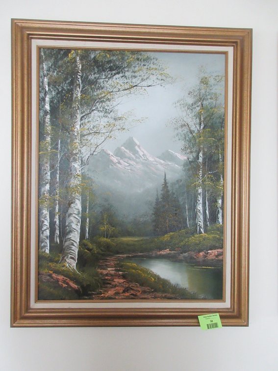 Wallace signed woodland mountain scene painting on canvas in frame