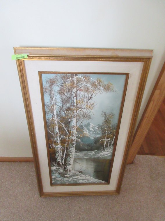 Wallace winter river and mountain scene painting on canvas in frame
