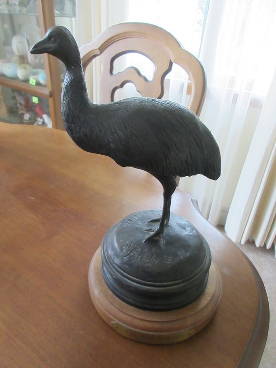John French "Emu New Horizon" cast metal statue on wood base