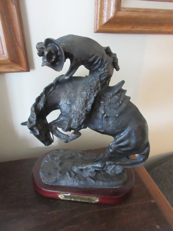 Frederic Remington "Rattlesnake" cast metal statue on wood base