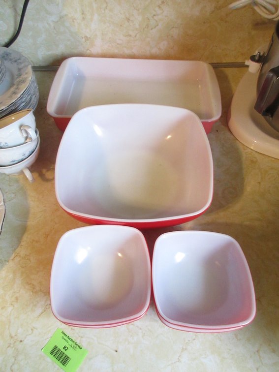 Group of red Pyrex dishes