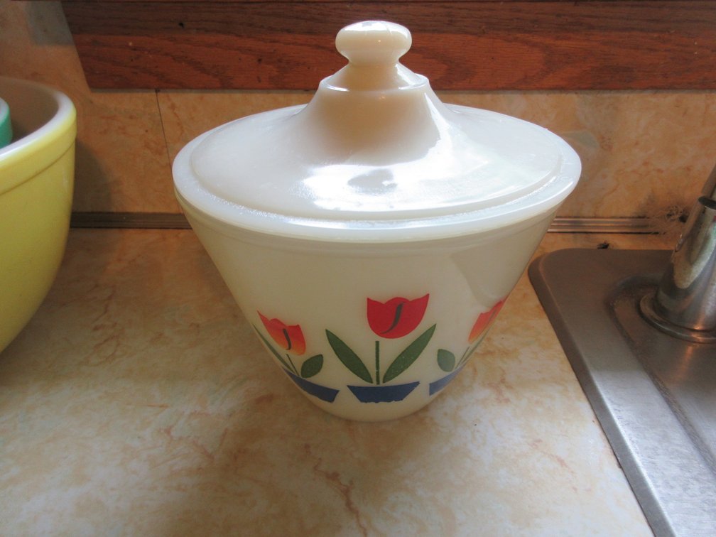 Fire King tulip covered canister