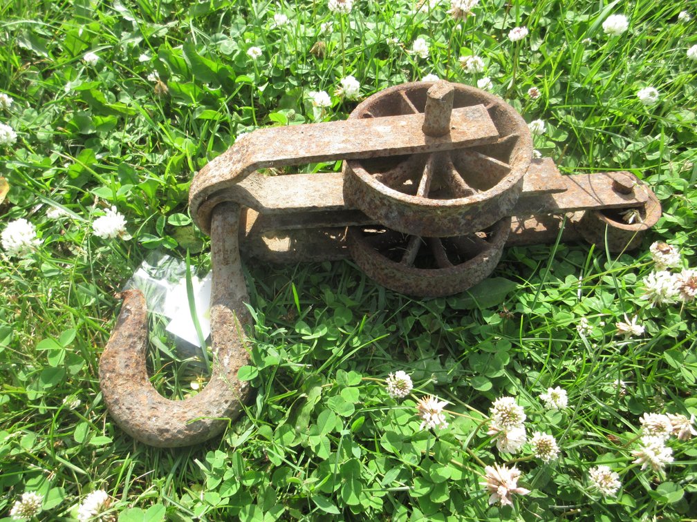 Cast metal hook and pulleys