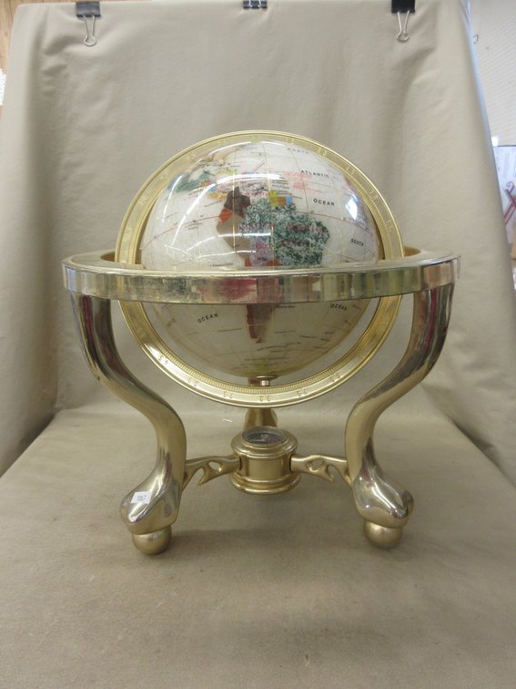 Sem-Precious stone globe on brass stand