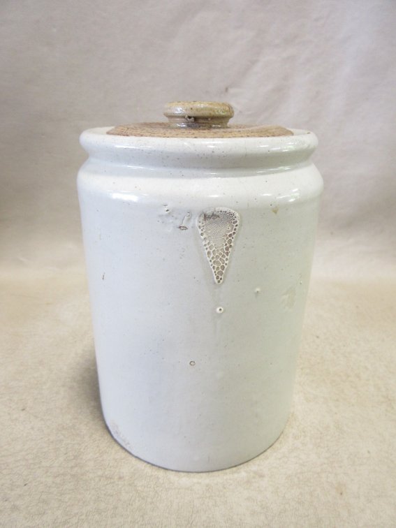 Unmarked stoneware pantry jar with salt-glazed lid