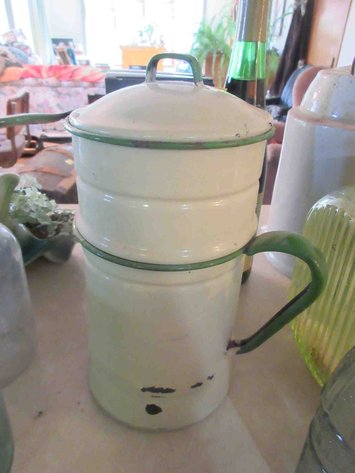 Image for Tan and green enamelware teapot
