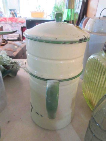 Image for Tan and green enamelware teapot