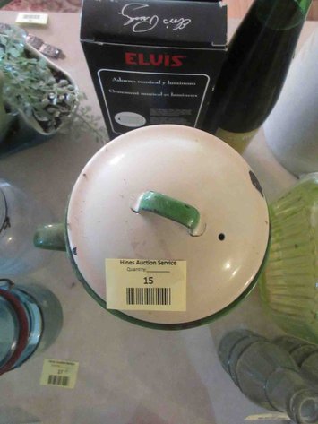 Image for Tan and green enamelware teapot