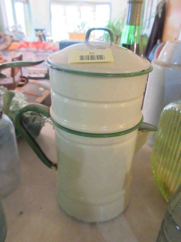 Image for Tan and green enamelware teapot