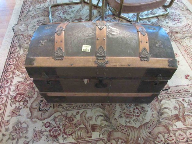 Image for Antique metal and wood dome top trunk with contents