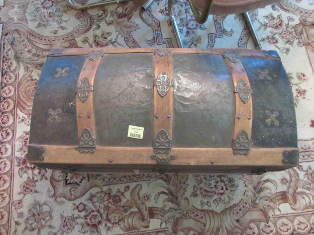 Image for Antique metal and wood dome top trunk with contents