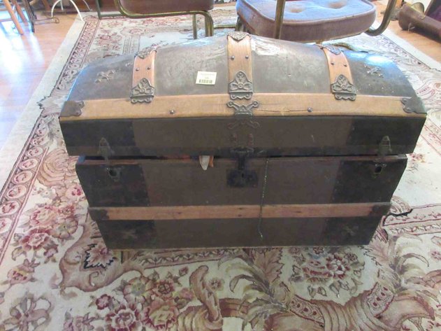Image for Antique metal and wood dome top trunk with contents