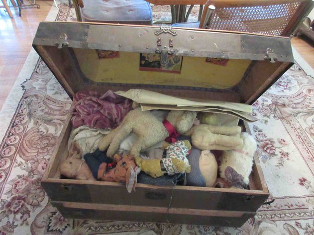Image for Antique metal and wood dome top trunk with contents