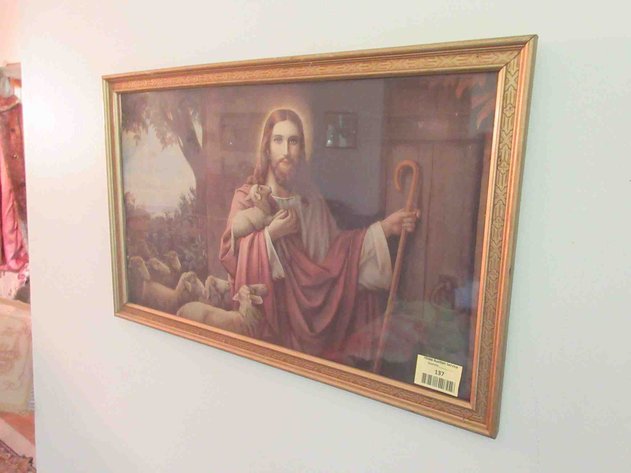 Image for Vintage Jesus and lambs print in frame