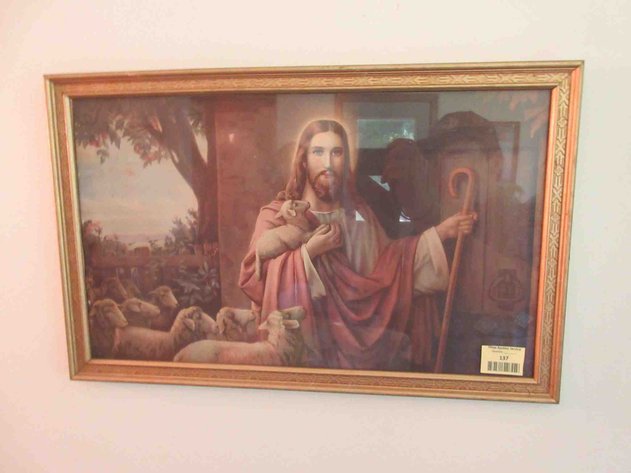 Image for Vintage Jesus and lambs print in frame
