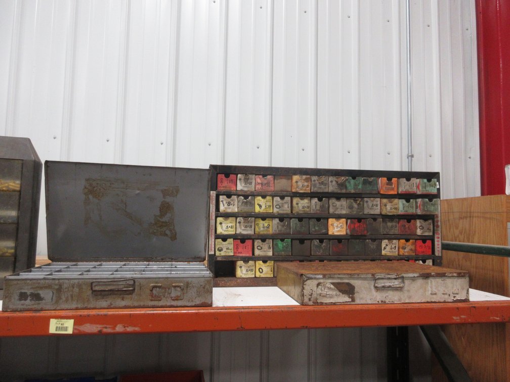 (3) Steel organizers with contents of bolts, screws, brass, washers, and more