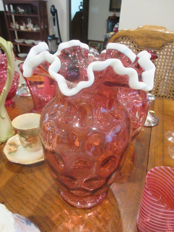 Unmarked Fenton coin dot cranberry vase